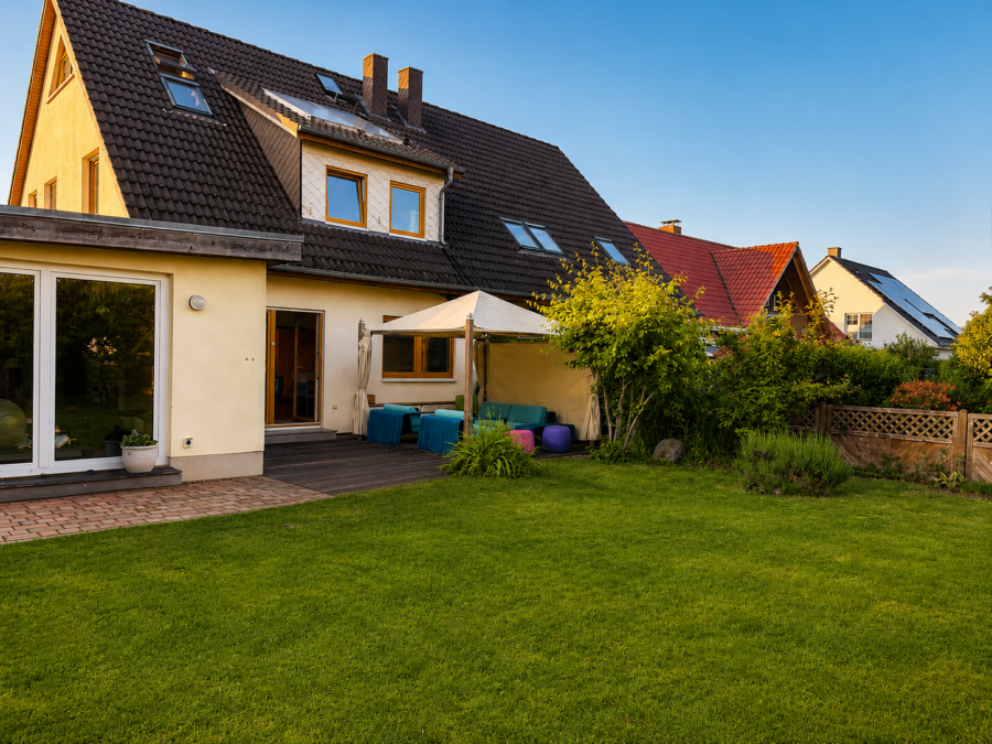 2 getrennte WE im DHH mit Anbau – Feldrandlage mit 7 Z., Kamin, 3 Bädern, Südterrasse, EBK, Carport, 18055 Rostock, Doppelhaushälfte
